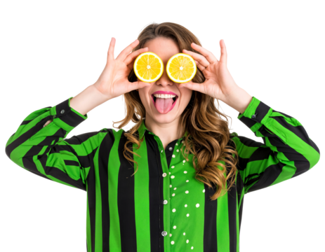 Playful Woman Holding Orange Slices Over Eyes on Isolated transparent background