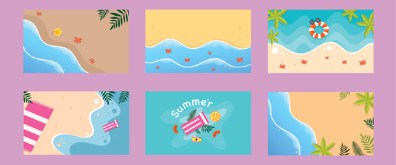 Fototapeta premium A playful bundle set of beach scenes with waves float objects sand and tropical decorative leaves for summer