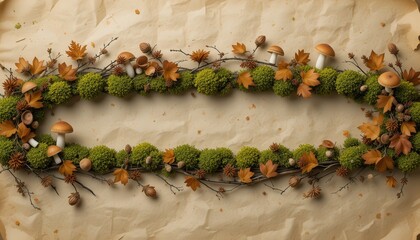 Mushrooms, moss, and leaves intertwine in a whimsical forest frame, laying against parchment
