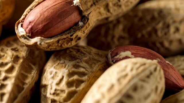 Close-up of a peanut pod with a cracked shell revealing the reddish-brown nut inside, surrounded by more peanuts.