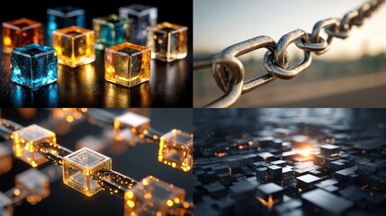 Four panels showcase interconnected cubes, metallic chains, and colorful geometric shapes.  Dark backgrounds highlight the digital and futuristic elements