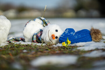 Funny spring card. Melting snowman under warm spring sunlight. A snowman slowly melting in the sun....