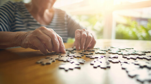 Elderly woman concentrating on solving jigsaw puzzle at wooden table, senior mental exercise and cognitive stimulation for memory care and dementia prevention.