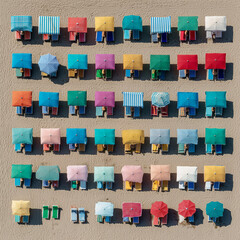 Top-down view of colorful beach umbrellas and deck chairs arranged neatly on a sunny sandy beach