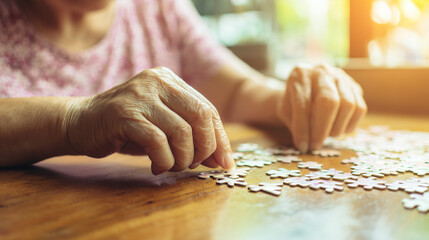 Elderly woman concentrating on solving jigsaw puzzle at wooden table, senior mental exercise and cognitive stimulation for memory care and dementia prevention.