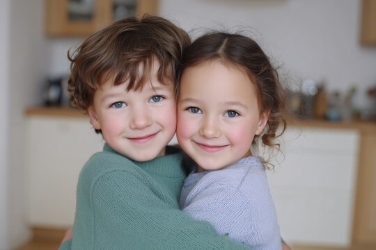 Two young siblings embrace, their faces glowing with pure affection and warmth, creating a heartwarming portrait of family love and connection. - Powered by Adobe