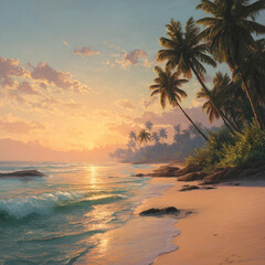 tropical beach sunset with palms trees