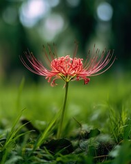 Red Spider Lily Blossoming Amidst Grass with Ethereal Forest Backdrop, bathed in Natural Sunlight, Selective Focus Aesthetic