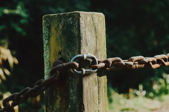 Rusted chain secured to a weathered wooden post.