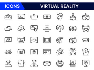 Immersive vector web line icons depicting virtual reality, headsets, simulations, immersive tech, and digital worlds for interactive experiences.
