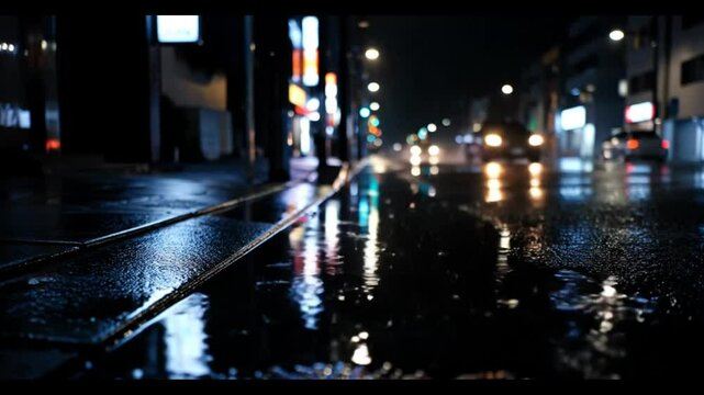 Aesthetic Rainfall on City Street at Night in Slow Motion
Cinematic 4K slow-motion footage of rain falling on a quiet urban street at night. Puddles reflect neon lights, creating an atmospheric