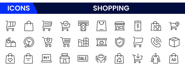 Vibrant vector web line icons depicting shopping, e-commerce, carts, payments, and seamless online retail experiences for dynamic consumer engagement.