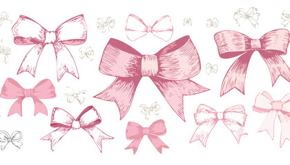 Hand drawn elegant pink bows and ribbons. Minimalist drawing sketch. Vintage vector illustration. Perfect for holiday poster, greeting cards, wedding invitations, branding,birthday, doodle, elegant,
