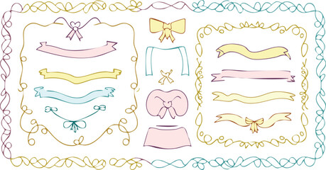 Collection of doodle hand drawn trendy frames with wavy lines, bows and ribbons. Minimalist line art. Modern whimsical borders for wedding invitations, birthday card, lunch menus. Vector,birthday, 