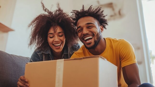 Couple opening a cardboard box