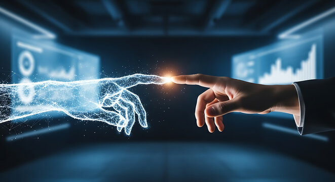 Human And Ai Hand Connecting In Digital Business Meeting