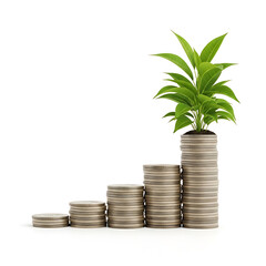 Plant Growing From Coin Stack On White Background