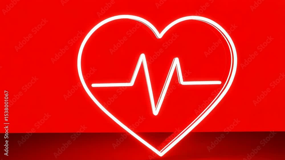 Poster pulsing heartbeat graph within a glowing neon heart outline on a red reflective surface - rendered a