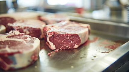 Fresh raw beef cuts on stainless steel table in industrial meat processing facility. Butchery, food production, meat industry and culinary ingredients concept.