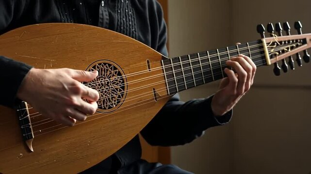 A musician skillfully playing a wooden lute in a serene setting.