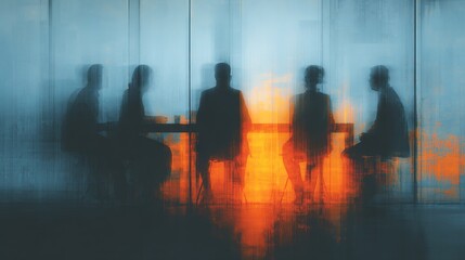 Group of businesspeople negotiating gathered in modern conference room, blurred silhouettes view, meeting behind closed glass doors. AI Generated Images. High quality