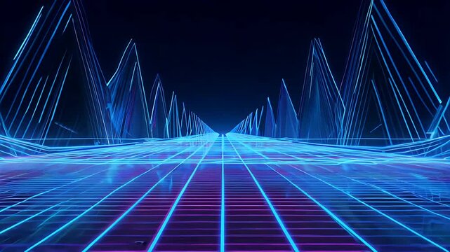 visually stunning retro futuristic animation featuring glowing blue cyberpunk grid lines video of neon light beams endlessly looping synthwave motion background