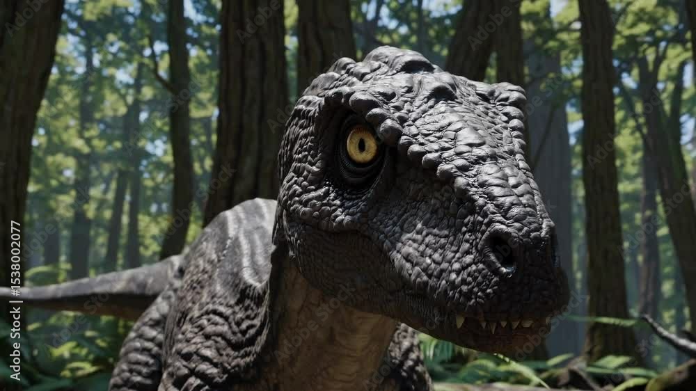 Poster close-up of a realistic dinosaur in a forest, captured from a low-angle, showcasing detailed texture