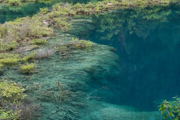 jiuzhaigou, China: The clear water of the Mirror lake in the Jiuzhaigou scenic area in the mountain of Sichuan in China