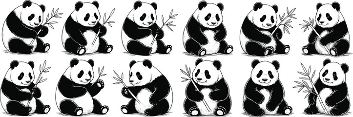Cute baby panda illustration, black and white cartoon pandas, bamboo eating panda art, sitting panda clipart, adorable wildlife animal, vector drawing design © MDABDULLAHAL
