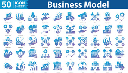 Business Model icon set collection Solid Gradient direct marketing, statistics, reseller, loyal customer, sales, pricing, digital product, mlm, acquisition, rising, business model, conceptual