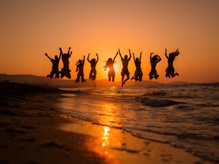 Group jumping at beach sunset