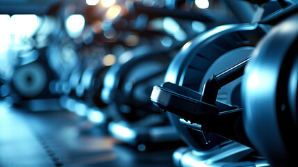 Fototapeta premium Modern fitness equipment in a sleek arrangement, symbolizing strength and precision in wellness. 