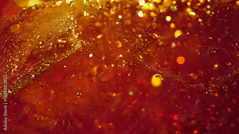 Aufkleber Dynamic drops of yellow glitter in red oil or ink diffusing through liquid, creating an abstract syrup swirls
