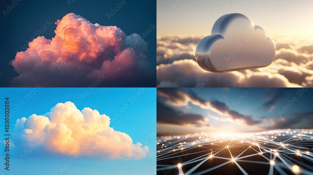 Fototapete four cloud images, showcasing different cloud formations and a digital network. two feature fluffy c