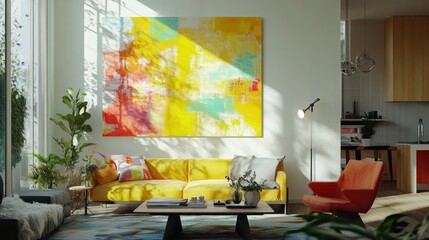 Scandinavian-style living room with a vibrant abstract painting and cozy furnishings, inspiring creativity and charm