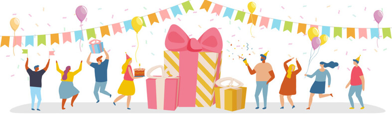 happy joyful people group character dancing gift box friend celebrating birthday party flag garland confetti balloon invitation congratulation illustration clipart