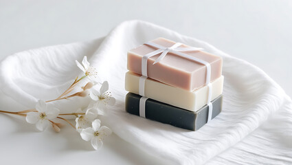 Stacked Handmade Soaps with Flowers - White Fabric Background
