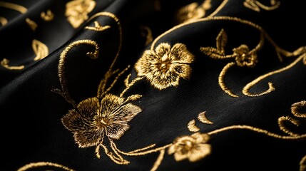 Naklejka premium Luxurious black fabric with intricate gold floral embroidery, elegant abstract pattern