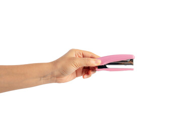 Pink stapler in hand on transparent background