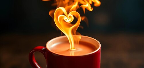 Warm beverage in a mug, heart-shaped steam rising,  illustration, mug