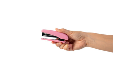 Pink stapler in hand on transparent background