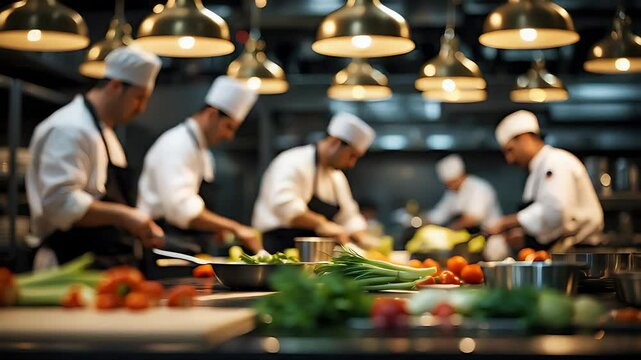 Busy Kitchen Chefs Cooking Vegetables Modern Restaurant Warm Lighting Food Prep Scene