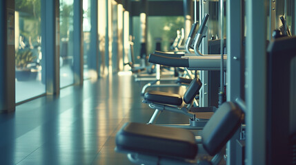 Fototapeta premium Modern fitness equipment in a sleek arrangement, symbolizing strength and precision in wellness. 