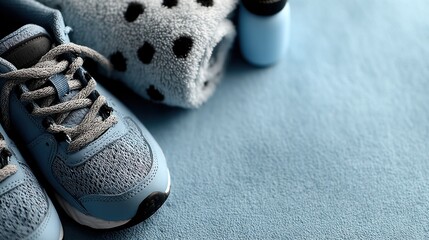 Blue athletic shoes towel and water bottle on a light blue background for workout preparation