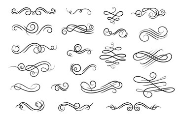 Decorative black swirls and flourishes in various designs on a white background, various loops, curls, and waves, creating an elegant and ornamental effect.