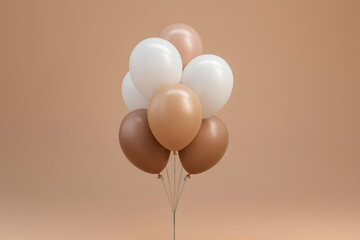 A cluster of six balloons in shades of brown, tan, and white floats against a neutral beige background.