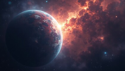 Fototapeta premium A vibrant, otherworldly planet bathed in cosmic light amidst swirling nebulae.