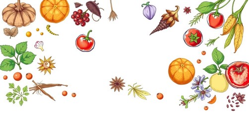 Vibrant hand-drawn vector sketch of assorted spices and herbs,  botany,  turmeric