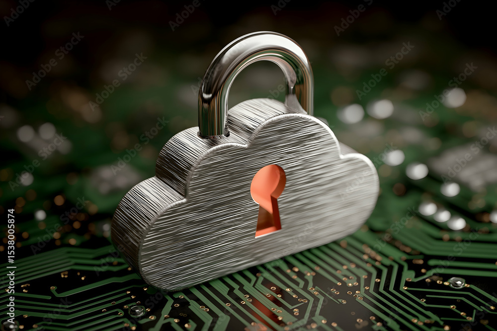 Poster a metallic cloud-shaped padlock with a keyhole rests on a green circuit board, symbolizing cloud com