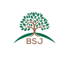 Eco Tree Logo with BSJ Text – Green Nature Concept Emblem Design. BSJ Letter Logo.
